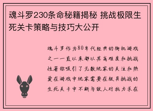 魂斗罗230条命秘籍揭秘 挑战极限生死关卡策略与技巧大公开 魂斗罗230条命秘籍揭秘 挑战极限生死关卡策略与技巧大公开